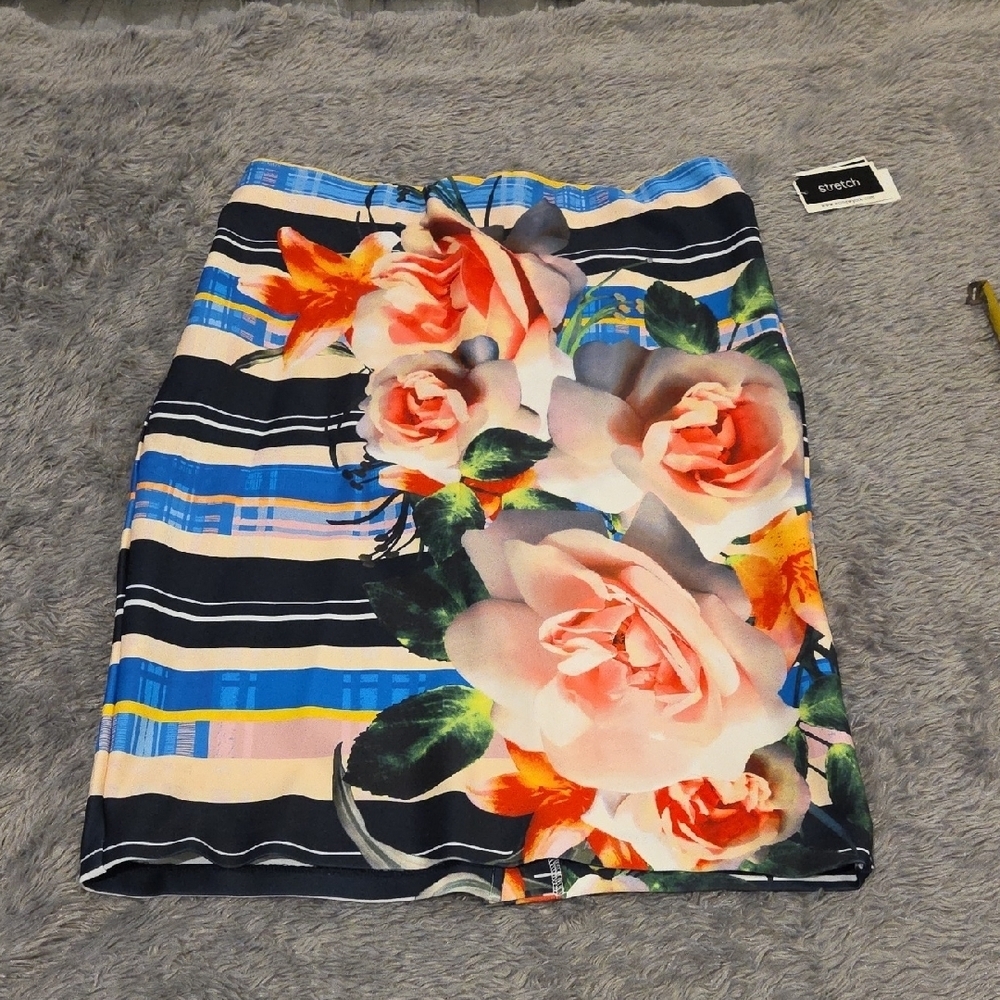 ECI Floral Striped Midi Skirt - Blue, Pink, Orange Size L, New With Tags!